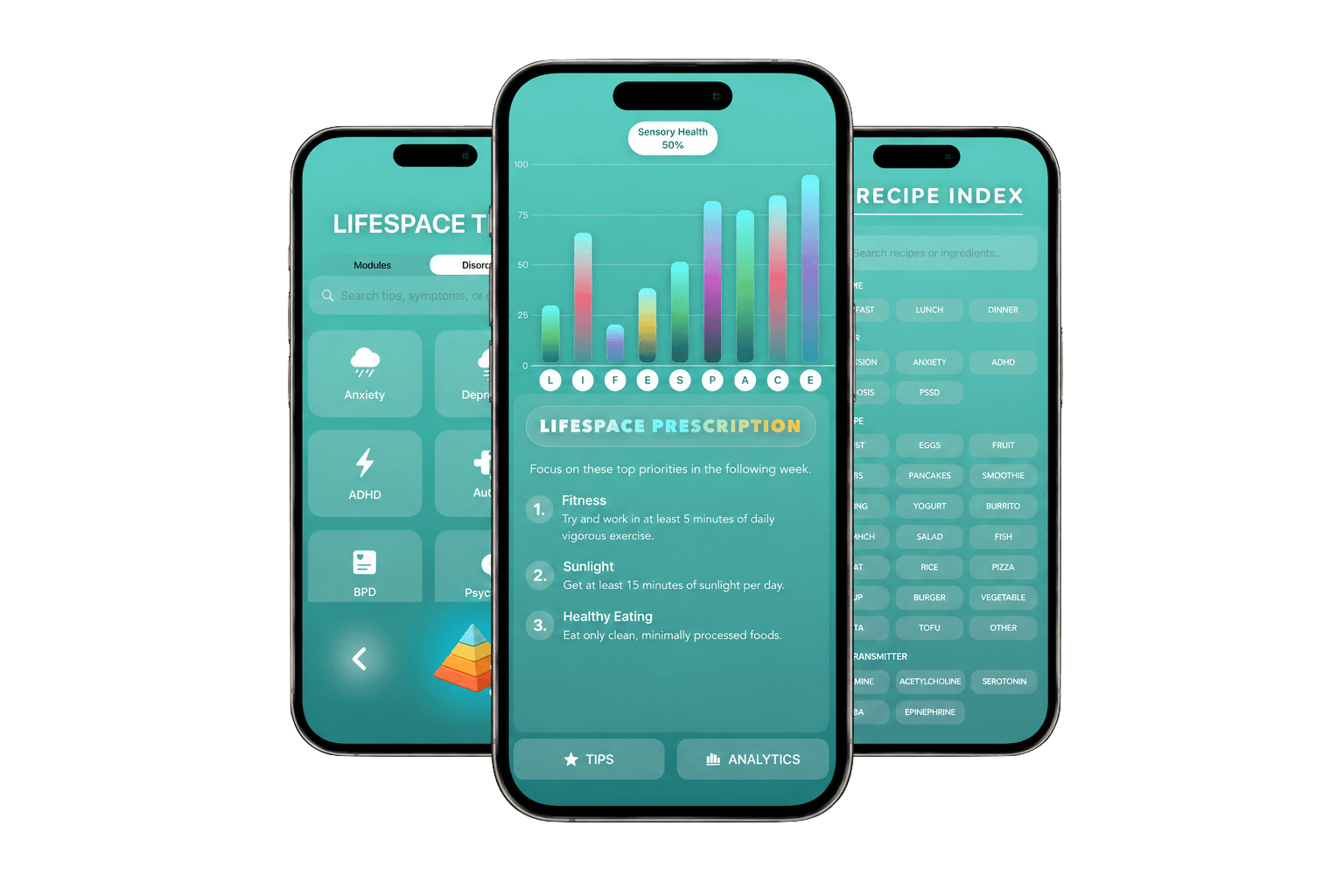 Three LIFESPACE app screens showing tips, analytics, and recipes